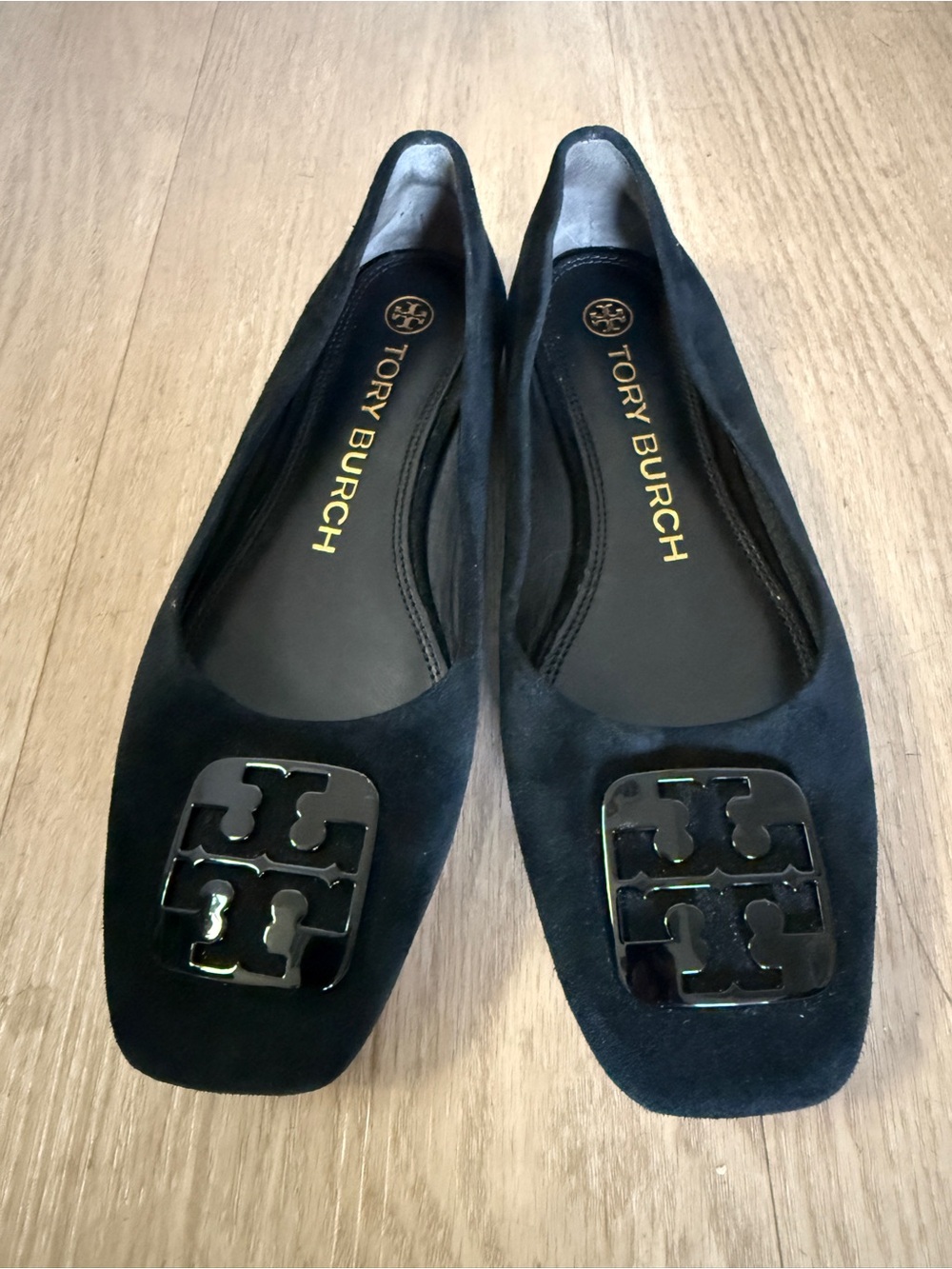 Tory Burch Black Suede Flats Square Toe Logo Medallion Leather Sole Size 6.5